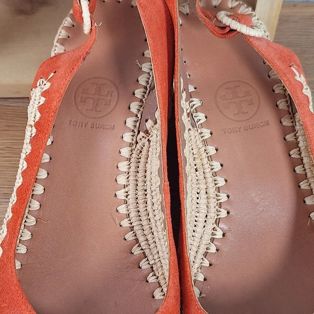 Tory Burch Espadrille Wedge Sandals Women's 9 Orange Jute Leather Platform Heels